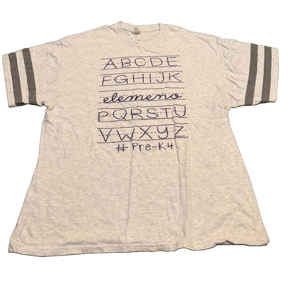 Pre-K 4 Teacher Alphabet T Shirt XL Gray Varsity Sleeve Elemeno Graphic Tee